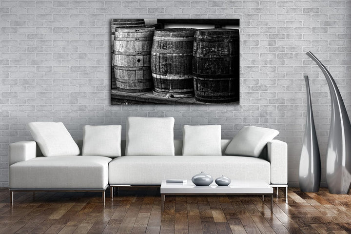 deyoli alte Holzfässer mit Wein Effekt: Schwarz/Weiss im Format: 80x60 als Leinwandbild, Motiv ferti