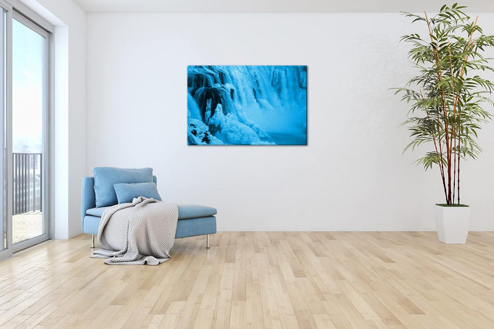 atemberaubender Wasserfall in der Natur Format 100x70 Effekt: Monocrome Blau als Leinwandbild, Motiv