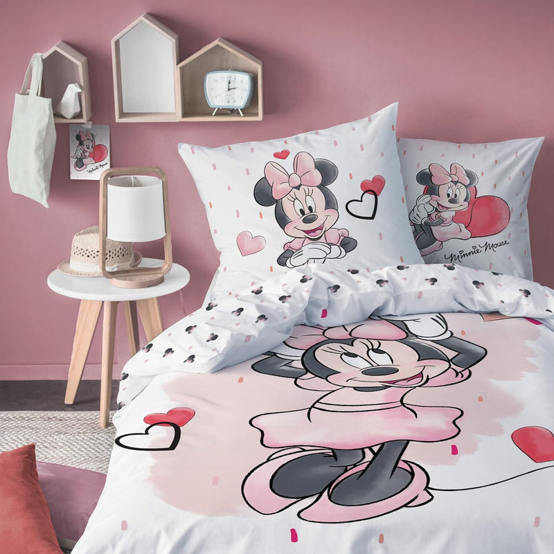 Disney Bettwäsche Minnie Mouse - Kinderbettwäsche - 1 Kissenbezug 80x80 cm + 1 Bettbezug 135x200 cm