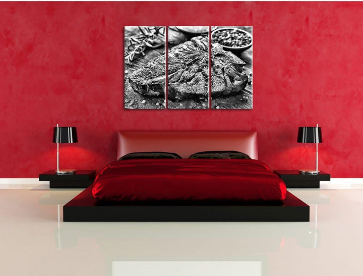 Pixxprint Leckeres Fleisch mit Rosmarin als Leinwandbild/Grösse: 3 Teilig (120x80) cm/Wandbild/Kunst
