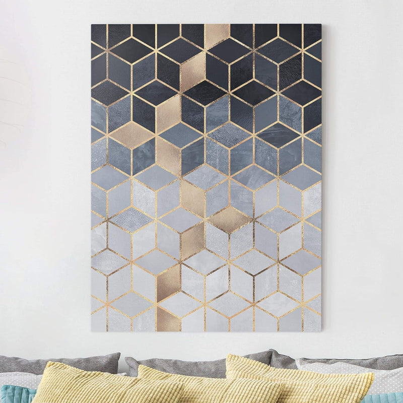 Leinwandbild Blau Weiss goldene Geometrie Bild auf Leinwand 100x75 cm 100cm x 75cm, 100cm x 75cm