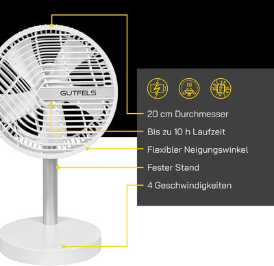 Gutfels Akku-Tisch-Ventilator VENTI 3020 R | Lithium Ionen Akku 4.000 mAh | Touchbedienung | 4 Gesch