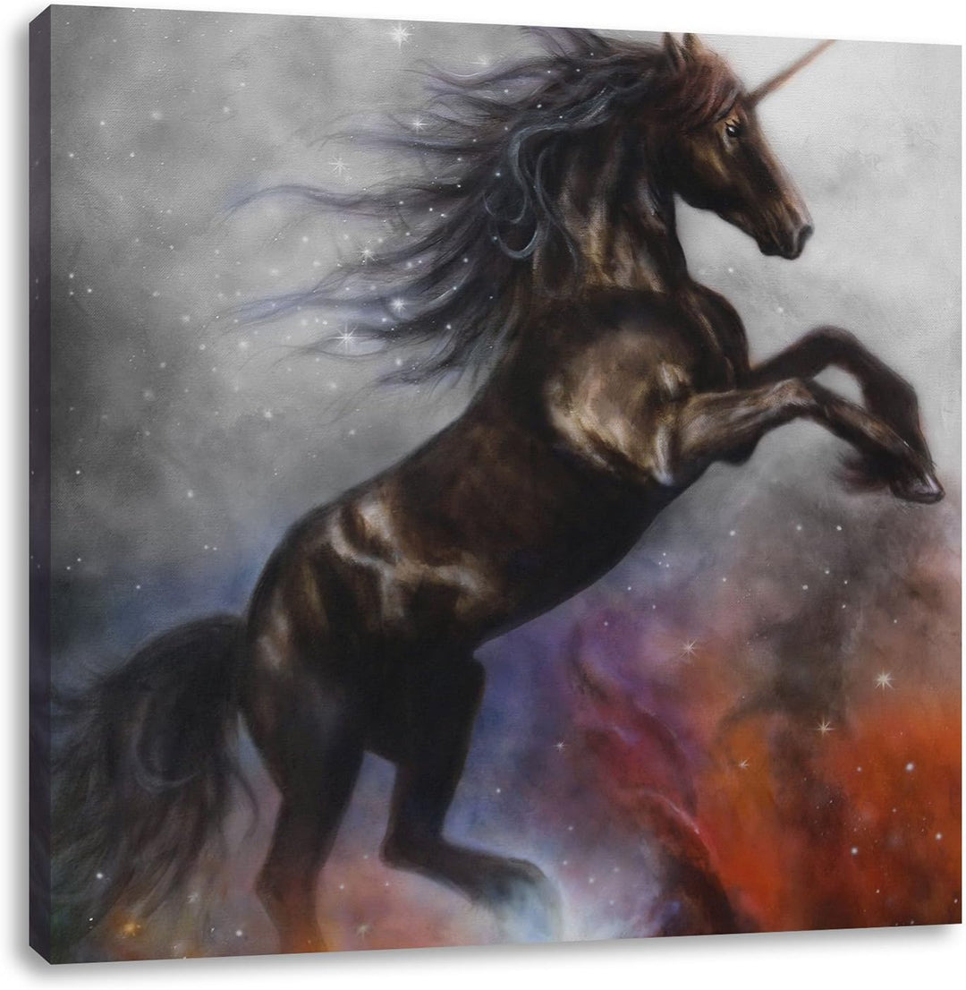 Pixxprint Traumhaftes schwarzes Einhorn Schwarz/Weiss, Format: 70x70 auf Leinwand, 70x70