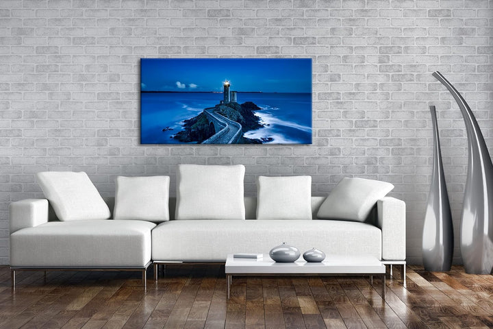 Leuchtturm bei Nacht Panorama 120x60 cm als Leinwandbild, Motiv fertig gerahmt auf Echtholzrahmen, H