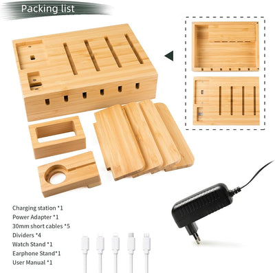 YOJA Ladestation für mehrere Geräte, Bambus, YOJA 5-Port-USB-Multi-Ladestation, Holz für Handy, Tabl