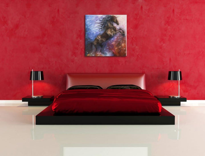 Pixxprint Traumhaftes schwarzes Einhorn als Leinwandbild Quadratisch| Grösse: 70x70 | Wandbild| Kuns