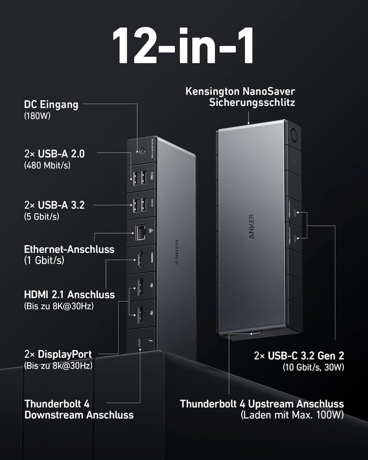 Anker 778 Thunderbolt Dockingstation (12-in-1, Thunderbolt 4), 40 Gbps mit Max 100W Aufladung für La