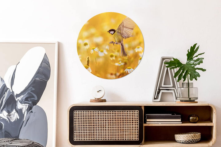 MuchoWow Wandbild Rund Wanddeko Deko Wohnzimmer Bilder 60x60 cm Vogel - Kohlmeise - Blumen - Gänsebl