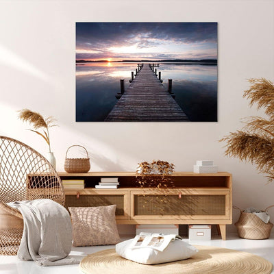 Bilder auf Leinwand 100x70cm Leinwandbild Fussgängerbrücke See Sonnenuntergang Abend Gross Wanddeko