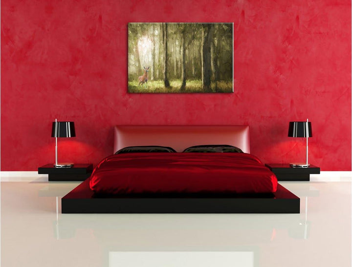 Pixxprint Einsamer Hirsch im tiefen Wald Kunst Pinsel Effekt, Format: 100x70 auf Leinwand, 100x70