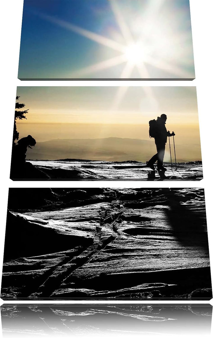 Pixxprint Ski Langläufer auf Berg schwarz/weiss 3-Teiler Leinwandbild 120x80 Bild auf Leinwand