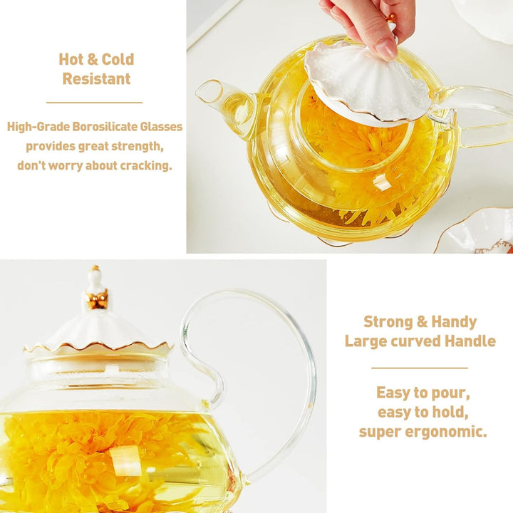 DUJUST Teekannen mit Stövchen Set, Luxuriöses Britisches Design mit Reliefdekor und Goldverzierungen