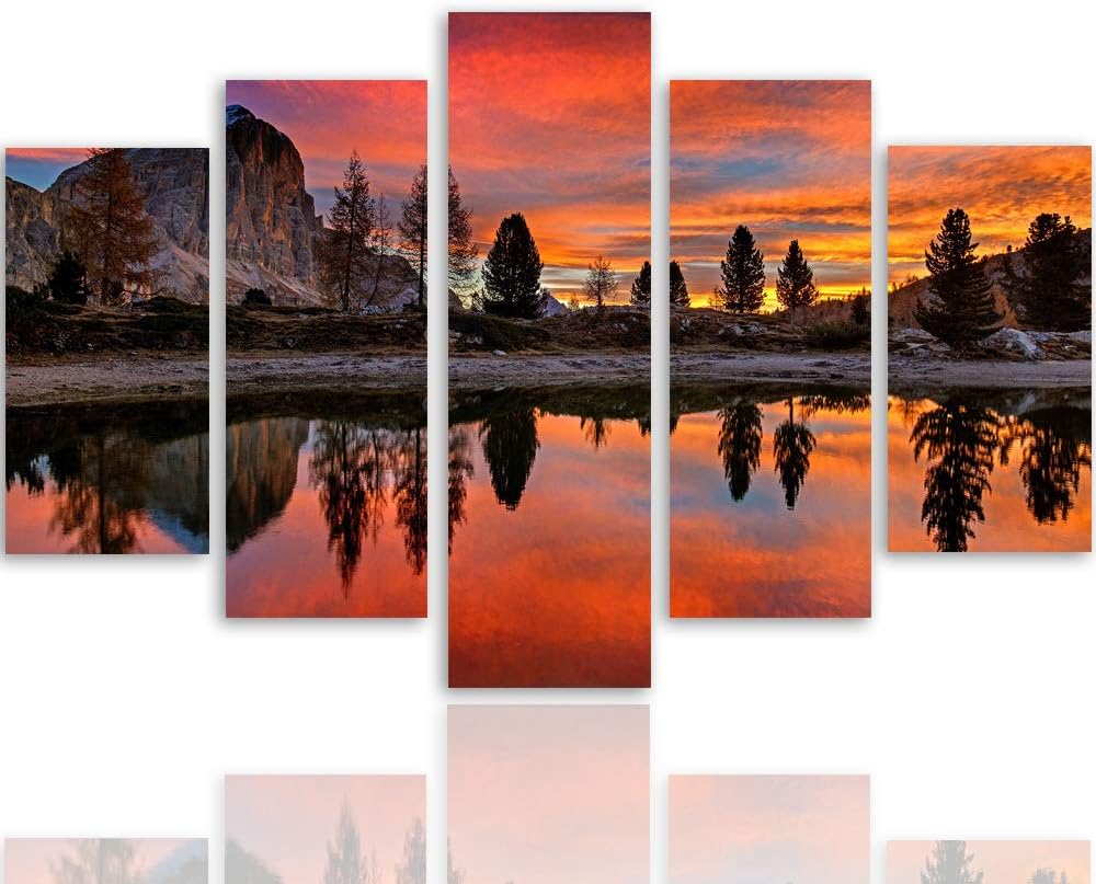 Bilder Landschaft 100x70 cm - Leinwandbild - 5 Teilig - Kunstdruck Berg See rot Leinwandbild 100x70