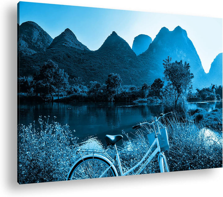 deyoli Fahrradtour in China Format: 80x60 Effekt: Monocrome Blau als Leinwand, Motiv fertig gerahmt