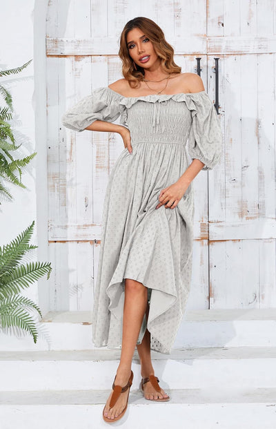 R.Vivimos Damen Polka Dot Slim Fit halbe Hülsenkleider Quadratischer Kragen Langes Midikleid M Grau,