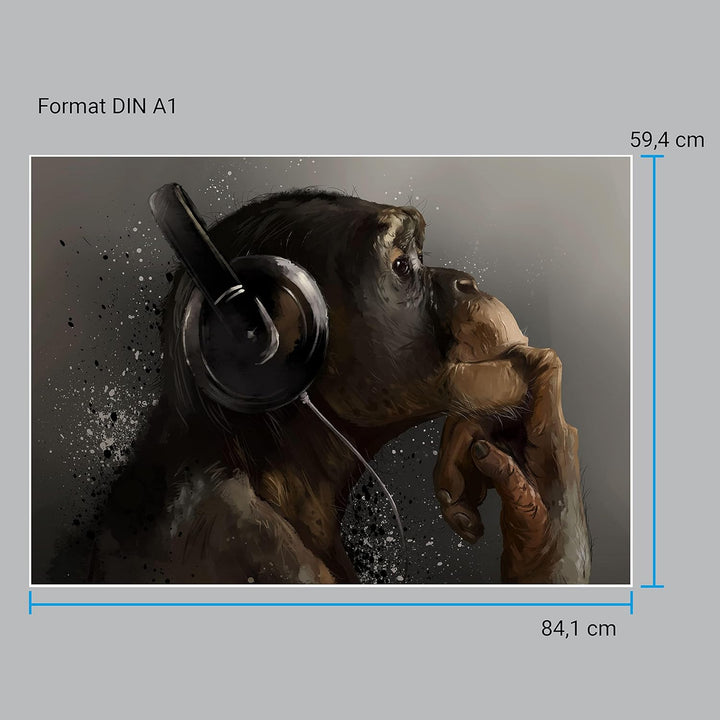 wandmotiv24 Poster als Wanddeko, Grösse Din A1, AFFE mit Kopfhörer, Headset, Musik, Tiere, Affen, Mo