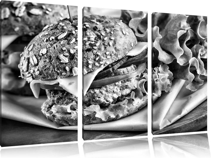 Pixxprint Monocrome, Köstlicher Hamburger 3-Teiler Leinwandbild 120x80 Bild auf Leinwand