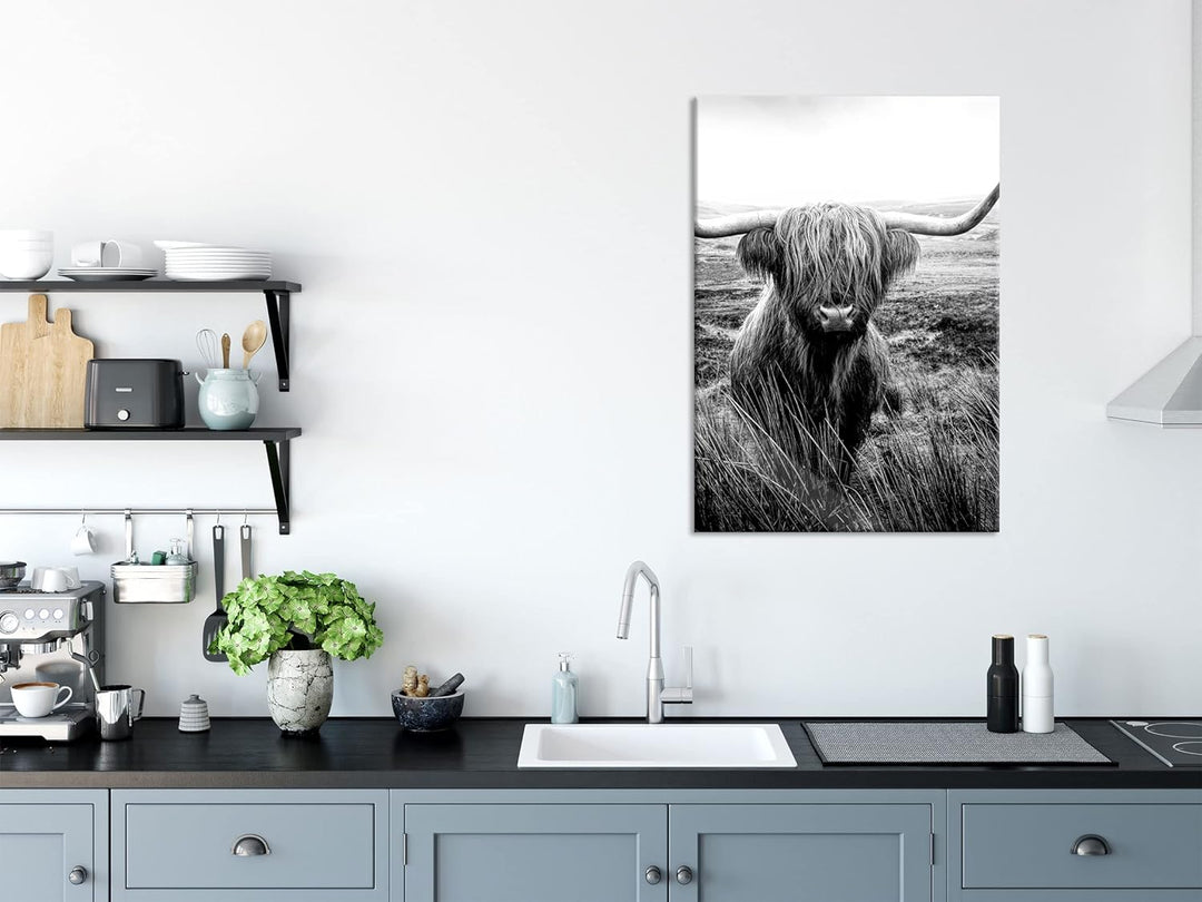 Pixxprint Glasbild | Wandbild aus Echtglas | Highland Rind mit grossen Hörnern Steppe, Monochrome |