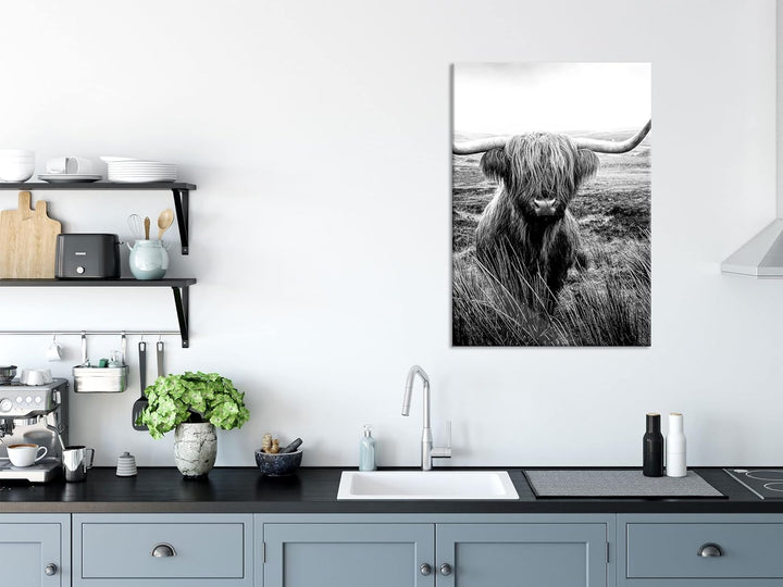 Pixxprint Glasbild | Wandbild aus Echtglas | Highland Rind mit grossen Hörnern Steppe, Monochrome |