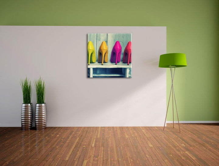 Bunte High Heels, Format: 70x70 auf Leinwand, XXL riesige Bilder fertig gerahmt mit Keilrahmen, Kuns