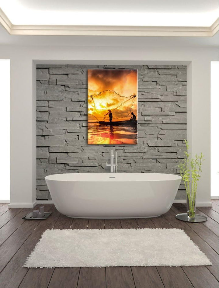 See mit Anglern, Format: 100x70 auf Leinwand, XXL riesige Bilder fertig gerahmt mit Keilrahmen, Kuns