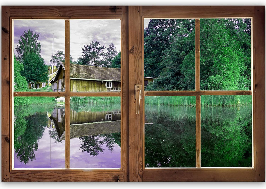 Feeby Leinwand Bilder - Fensterblick Natur- 90x60 cm- Deko Wohnzimmer - Wandbilder Schlafzimmer - De