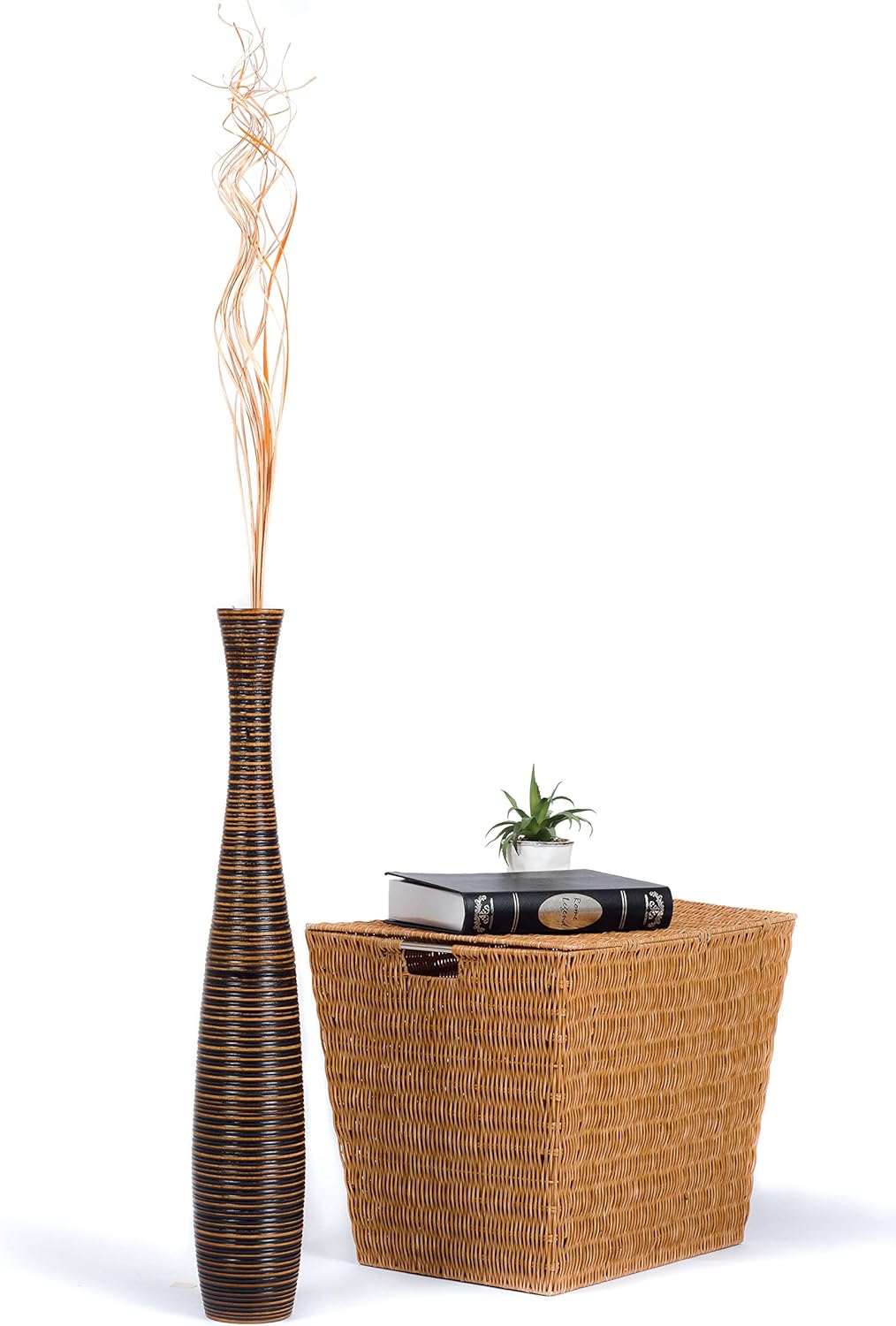 Leewadee Grosse Bodenvase für Dekozweige hohe Standvase Design Holzvase, Holz, 70 cm, Braun 70 cm Br