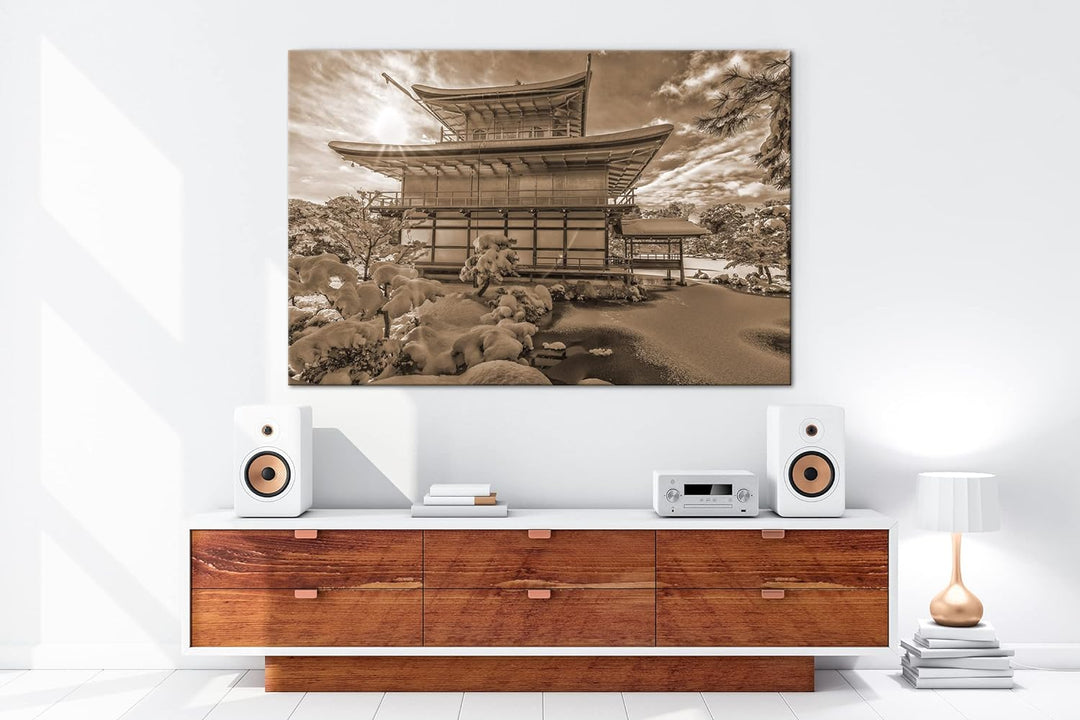 deyoli japanische Schneelandschaft des Kinkaku Ji-Tempels Effekt: Sepia, Format: 80x60 als Leinwandb