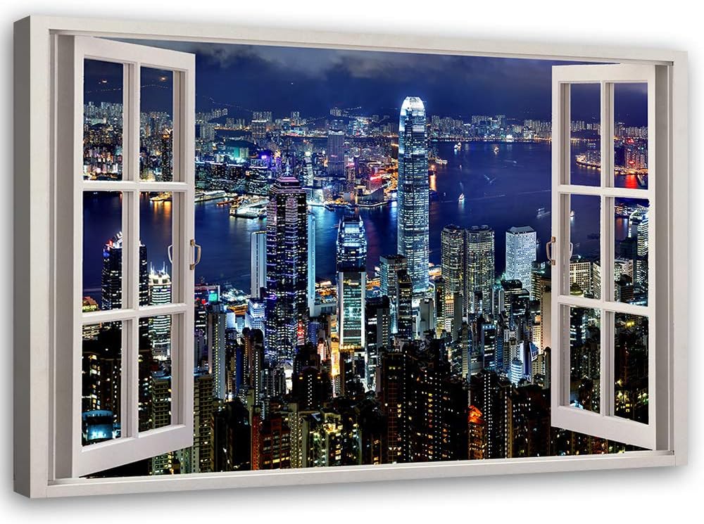 Feeby Wandbild Wolkenkratzer Druckbild Leinwandbild Fenster-Illusion Blau 90x60 cm Leinwandbild 90x6