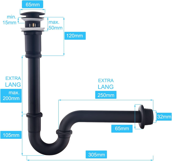 SET - Siphon mit Ablaufgarnitur mit Überlauf für Waschbecken Schwarz Matt - Keymark Universal Röhren
