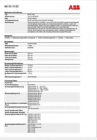 abb-entrelec B6 – minicontactor -3010 380/415 V.40/450Hz Schraube