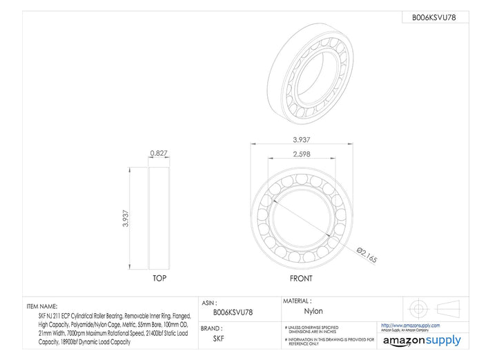 SKF NJ 211 ECP Rundrollenlager, zylinderförmig, 55 ID, Stahl