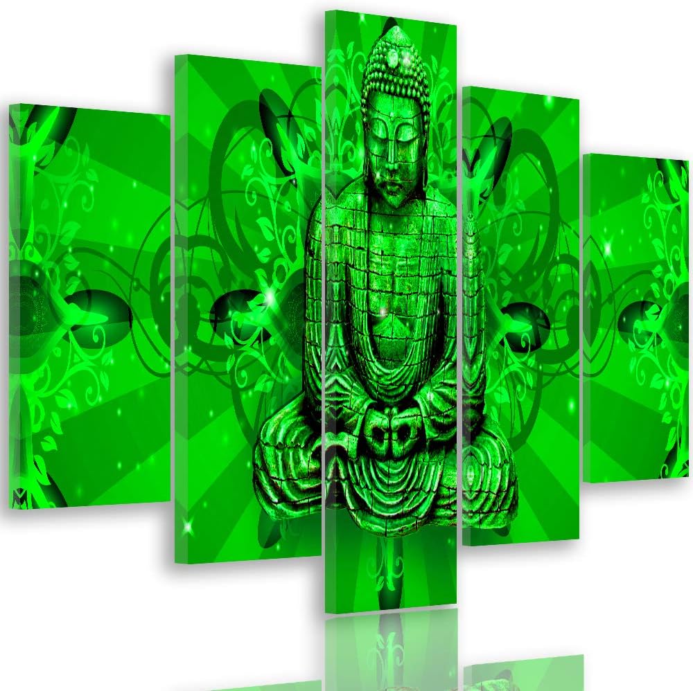 Wanddeko XXL Abstraktion Leinwandbild 5 Teilig Buddha Feng Shui Zen grün 100x70 cm Leinwandbild 100x