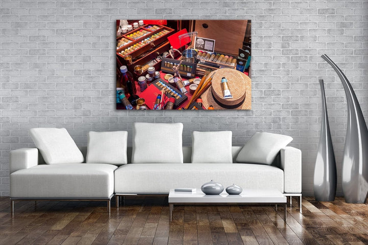 deyoli grosser Tisch mit Nähzeug Format: 80x60 als Leinwandbild, Motiv fertig gerahmt auf Echtholzra