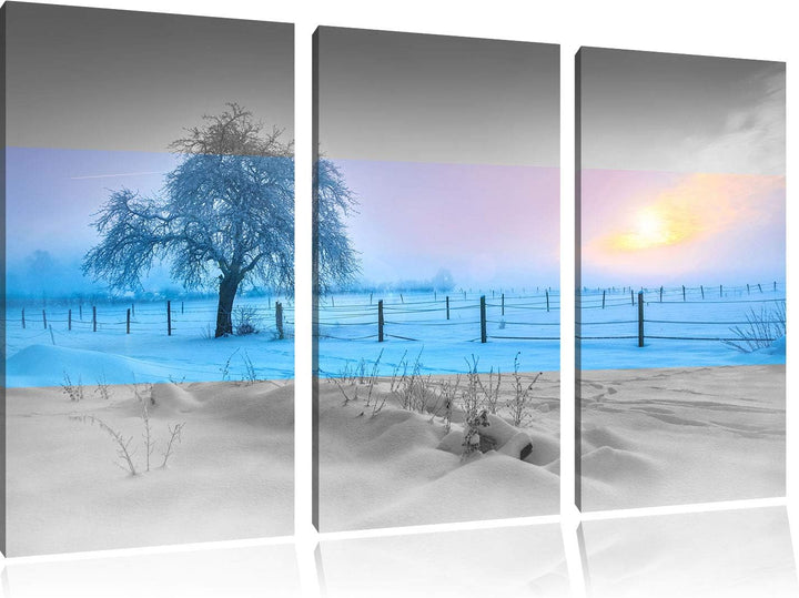 Einsamer Baum in Winterlandschaft schwarz/weiss 3-Teiler Leinwandbild 120x80 Bild auf Leinwand, XXL