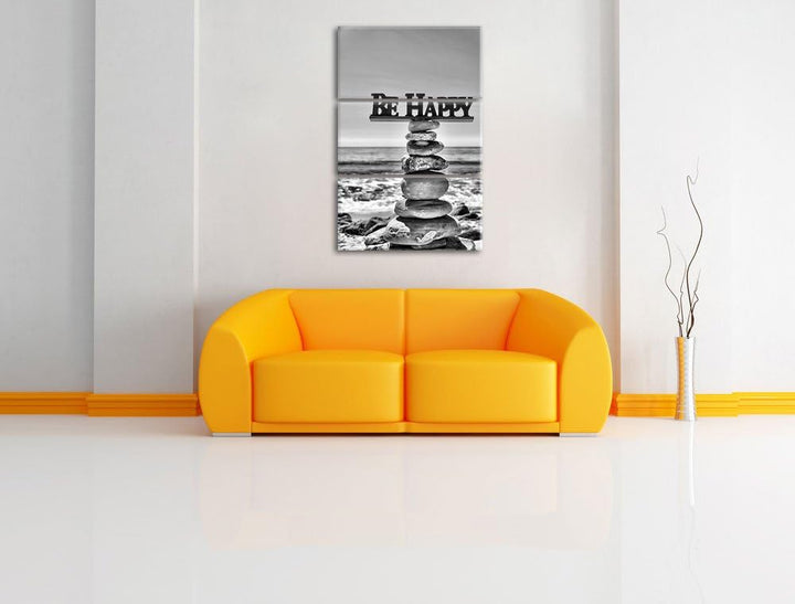 Pixxprint Monocrome, Steinturm bei Happy am Strand 3-Teiler Leinwandbild 120x80 Bild auf Leinwand