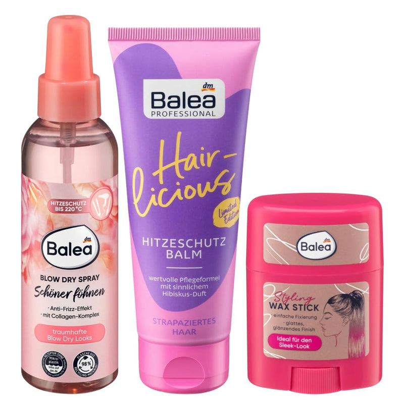 Balea 3er-Set Haarpflege & Styling: Blow Dry Spray SCHÖNER FÖHNEN voluminöse Föhnstylings (150 ml) +