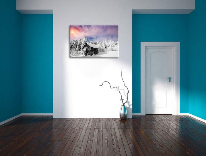 Einsame gemütliche Holzhütte im Schnee schwarz/weiss Format: 100x70 auf Leinwand, XXL riesige Bilder