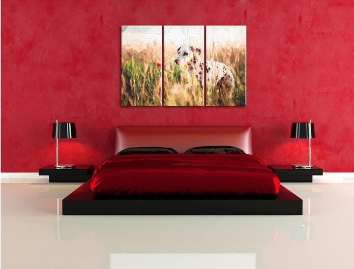 Pixxprint Neugieriger Hund im Feld Kunst / 3-Teilig/Gesamtmass 120cm Leinwandbild bespannt auf Holzr
