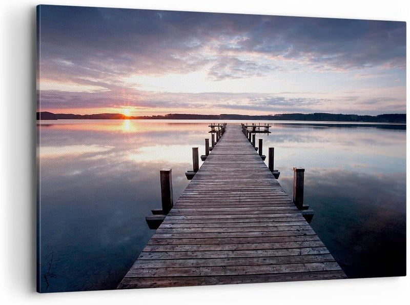 Bilder auf Leinwand 100x70cm Leinwandbild Fussgängerbrücke See Sonnenuntergang Abend Gross Wanddeko