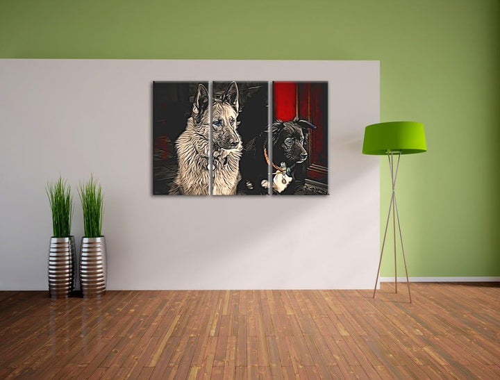 zwei Hunde auf dem Teppich NewArt 3-Teiler Leinwandbild 120x80 Bild auf Leinwand, XXL riesige Bilder