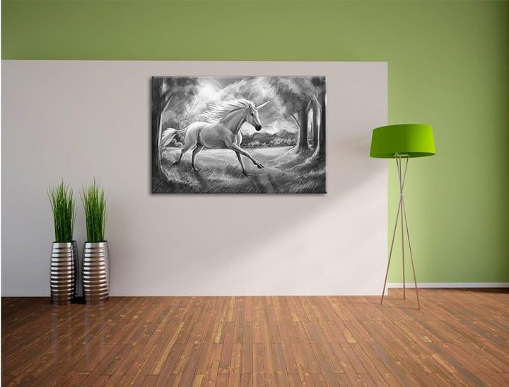 Pixxprint Einhorn im Wald B&W / 100x70cm Leinwandbild bespannt auf Holzrahmen/Wandbild Kunstdruck De