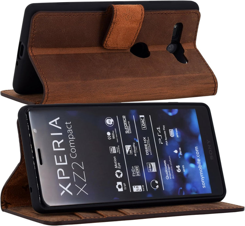 Suncase Book-Style kompatibel für Sony Xperia XZ2 Compact Hülle (Slim-Fit) Leder Tasche Handytasche