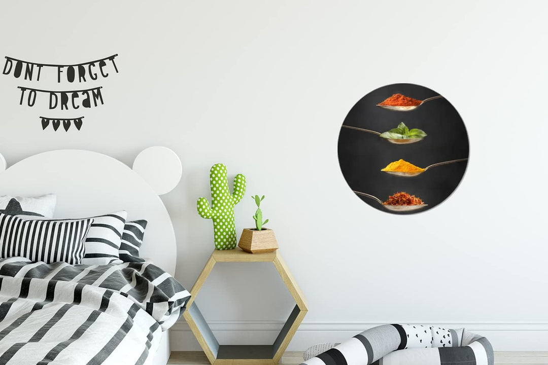 MuchoWow Wandbild Rund Wanddeko Deko Wohnzimmer Bilder 30x30 cm Kräuter - Löffel - Gewürze - Schwarz