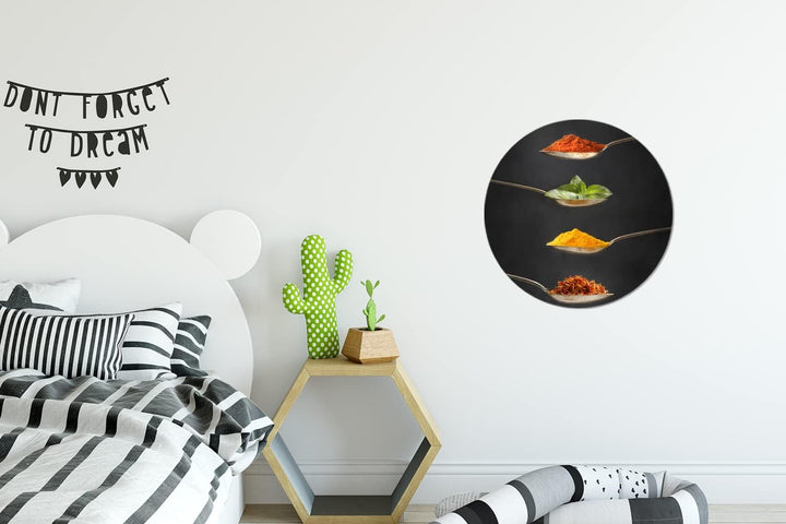 MuchoWow Wandbild Rund Wanddeko Deko Wohnzimmer Bilder 30x30 cm Kräuter - Löffel - Gewürze - Schwarz