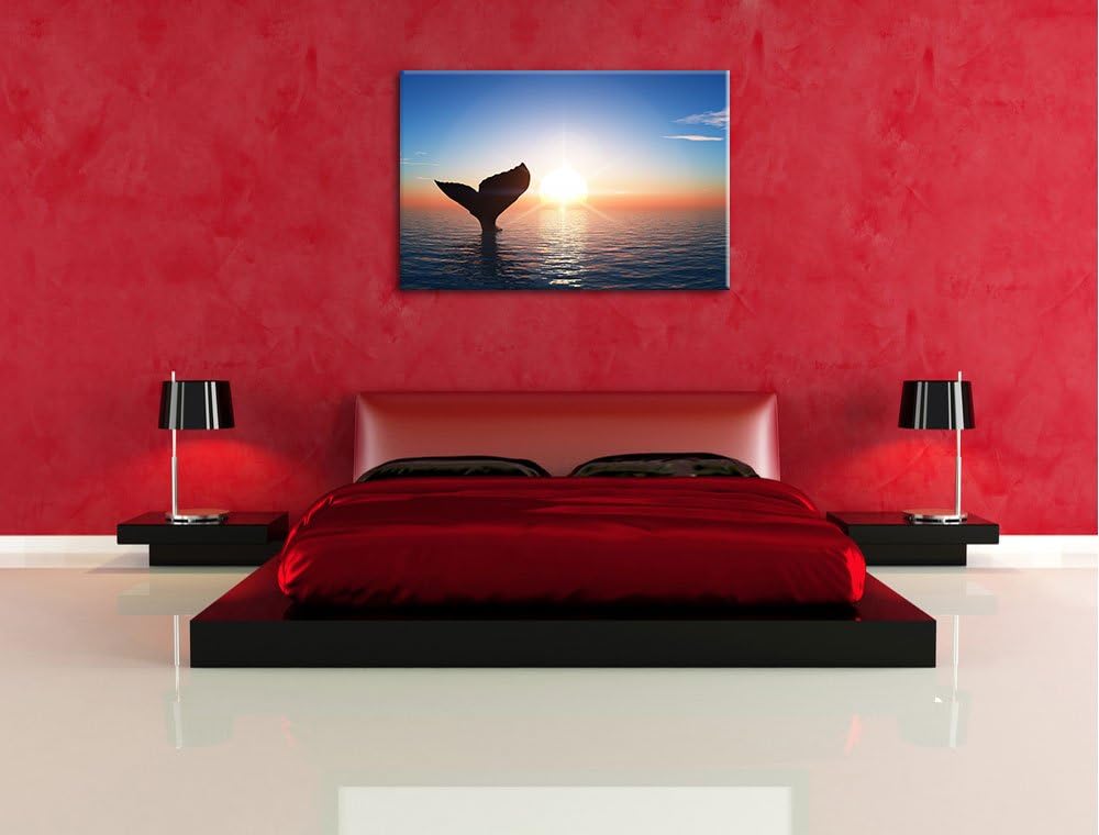 Walflosse im Sonnenuntergang Format: 100x70 auf Leinwand, XXL riesige Bilder fertig gerahmt mit Keil