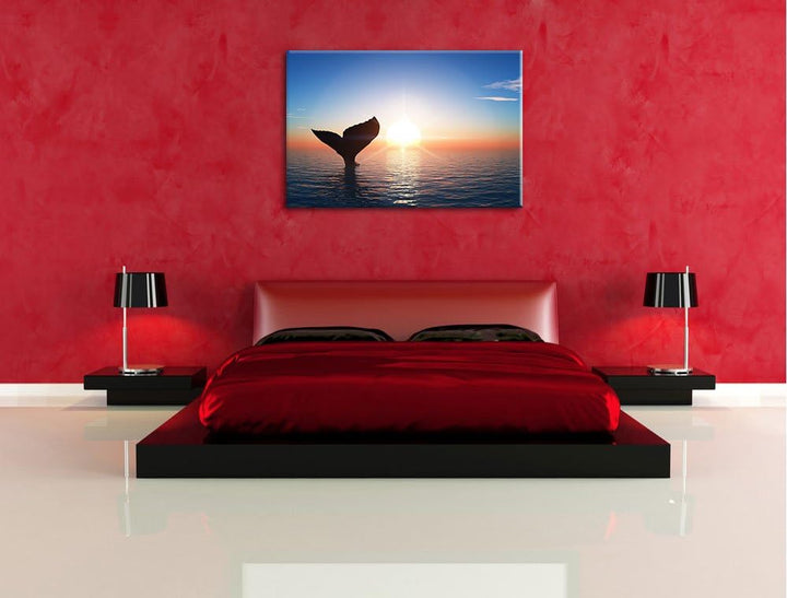 Walflosse im Sonnenuntergang Format: 100x70 auf Leinwand, XXL riesige Bilder fertig gerahmt mit Keil