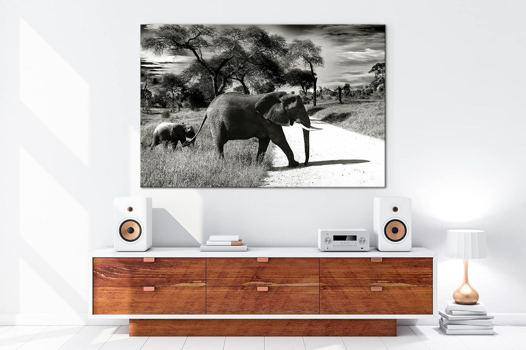 deyoli Elefantenfamilie in der Savanne Format: 80x60 als Leinwand, Motiv fertig gerahmt auf Echtholz