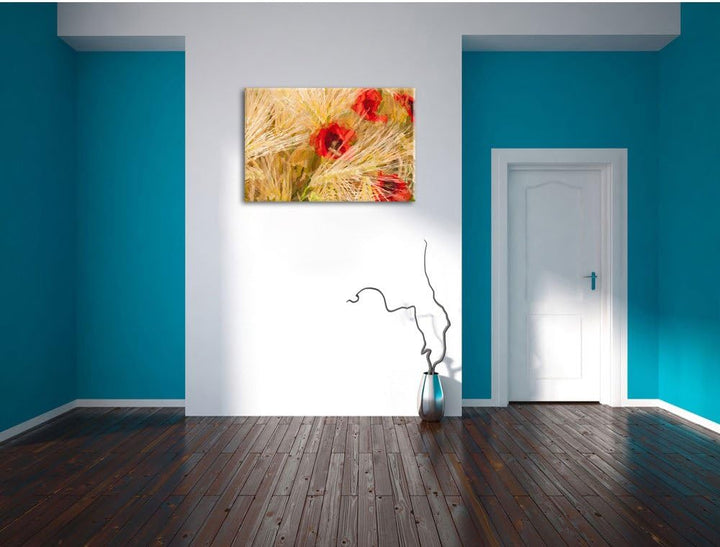 Pixxprint rote Mohnblumen auf dem Mais-Feld Kunst Pinsel Effekt, Format: 100x70 auf Leinwand, XXL ri