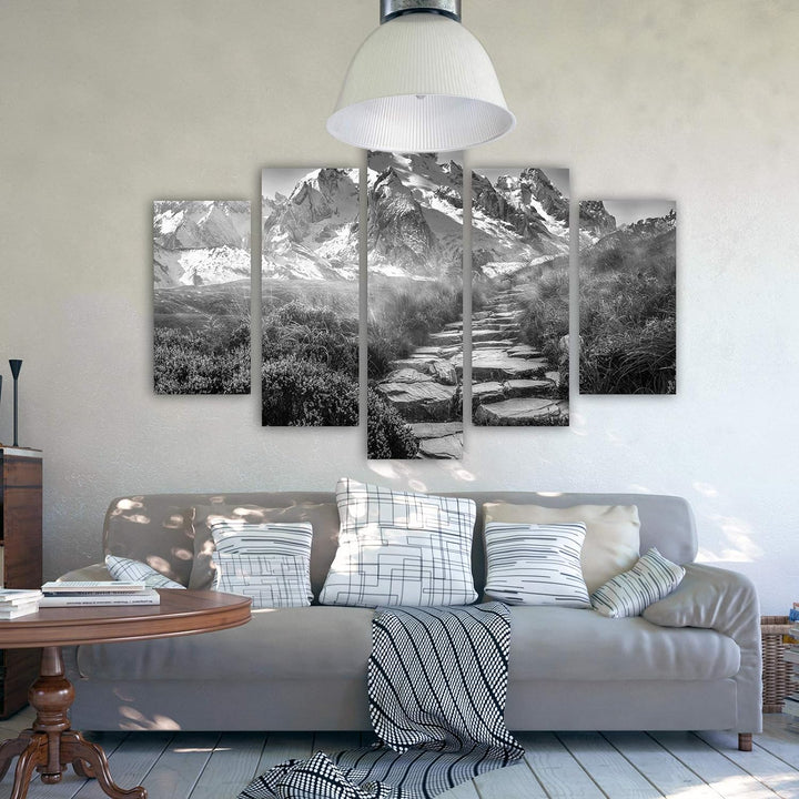 Feeby Bilder Berge 300x140 cm - Leinwandbild 5 Teilig XXL Kunstdruck Pfad Steine grau Leinwandbild X